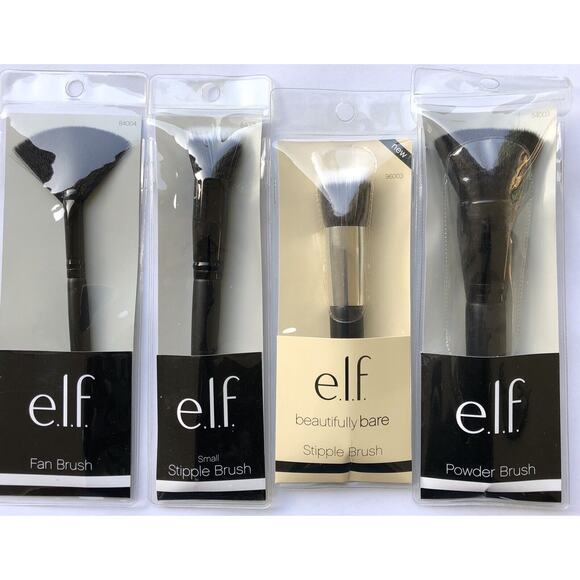Elf Makeup Brushes Black Fan Stipple Powder Synthetic Vegan Friendly Lot of Four - Picture 1 of 12
